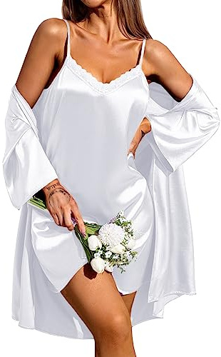 Ekouaer Set pigiama in raso da donna Camicia da notte e vestaglia Indumenti da notte sexy in due pezzi Abbigliamento da notte casual bianco XXL