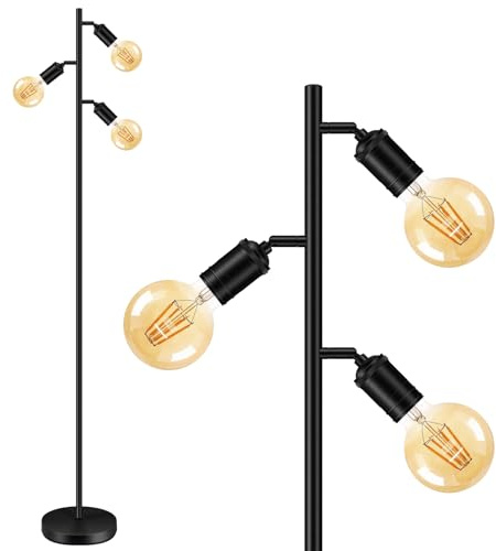 BoostArea Floor Lamp, Industrial Floor Lamp, Modern Tree Standing Lamp with Adjustable 3 Light, E26 Socket, Foot Switch, Minimalist Metal Stand Up Lamp Pole Lamps for Living Room, Bedroom (No Bulbs)