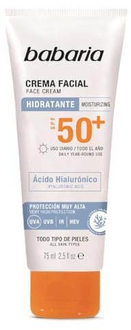 Babaria - Protector Solar Facial Con Acido Hialuronico 50+ | Crema Hidratante Facial Mujer Y Hombre | Acido Hialuronico | Bloqueador Solar | Proteccion Uva Muy Alta
