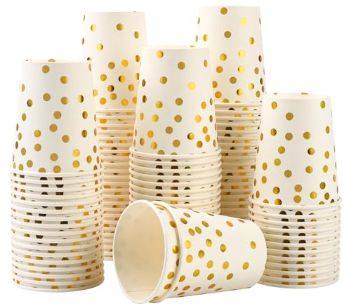 CEILIWEN Lot de 100 gobelets en papier de fête noir et doré, 250 ml, gobelets en papier à pois dorés, pour boissons chaudes et froides (blanc/doré)