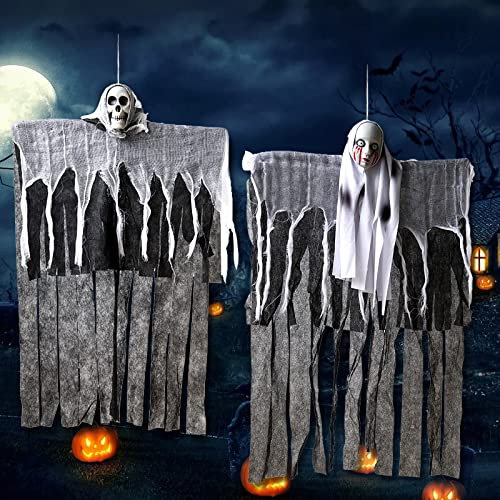ZPQAODI 2PCS Colgante Fantasma y Esqueleto para Halloween - Decoración Terror para Fiesta, Veranda, Porche, Jardín, Aleros (60 * 85cm)