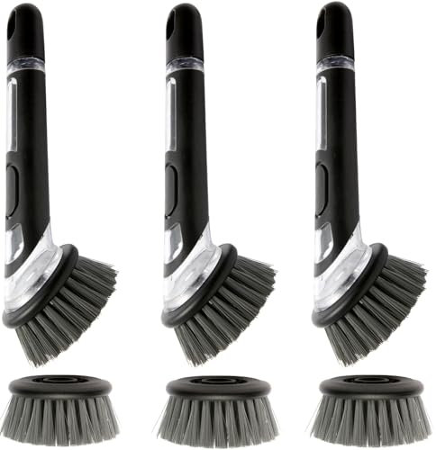 3 Piezas Cepillo Limpieza, Cepillo Lavaplatos con Dispensador de Jabón 3 Recambio del Cabezal Rellenable de Jabón para Fregar Platos, Ollas o Sartenes - Gris