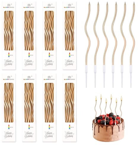 48 Pezzi Candeline Compleanno Champagne, Candele a Spirale di Compleanno Metalliche Lunghe e Sottili Candele Torta con Supporti Perfette per Decorazioni di Torte di Compleanno Matrimoni Altri Eventi