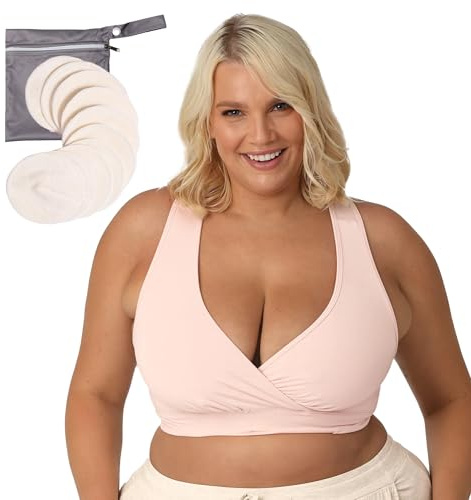 Kindred Bravely French Terry Racerback Nursing Sleep Bra (Soft Pink, Large-Busty) & Organic Washable Breast Pads Bundle