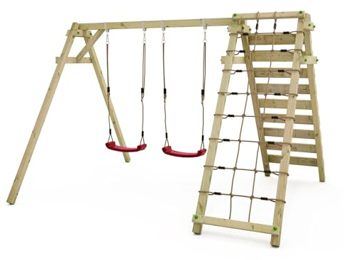Wickey Smart Cliff barngunga, gungställ, gunga, gunghylla, dubbel gunga, trägunga med klätterodling för barn i trädgården med 2 gungsäten – röd