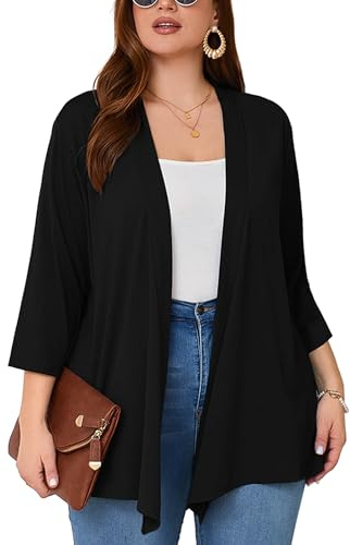 AusLook Women's Plus Size Lightweight Open Front Cardigan Black 4X Causal 3/4 Sleeve Cover Ups Shrugs Tops Shawls and Wraps Kimono Jacket Coat