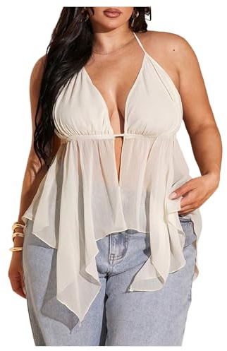 SOLY HUX Women's Plus Size Halter Tops Y2k Sexy Deep V Neck Tie Backless Sleeveless Flowy Asymmetrical Hem Summer Top Plain Apricot 3X-Large Plus