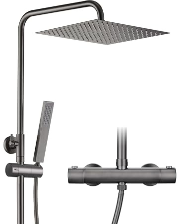 Görbach Colonne de douche en acier inoxydable avec mitigeur robinet, Ensemble de douche pluie avec barre de douche réglable en hauteur, pommeau 25x25 cm et thermostatique Gris