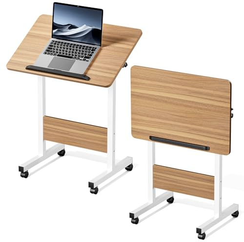 Warmiehomy Height Adjustable Table with Wheels, Rolling Laptop Table with 90° Tilting Desktop, Mobile Overbed Table for Bed and Sofa Foldable Desk for Home Office Living Room 60x40x65-87cm, Oak