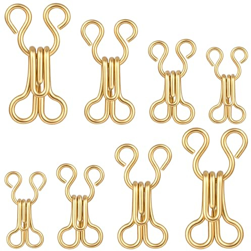 Ajcotahm 80 Pairs Hook and Eye Fastenings for Clothes, Gold Bra Hooks Replacement 4 Size Sewing Hook and Eye Closures for Clothing Trousers Skirts Underwear DIY Craft Accessories