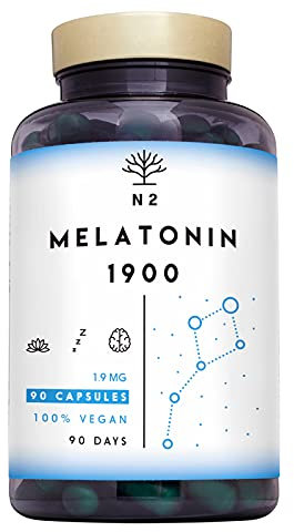 Melatonine 1,9 mg pour le Sommeil Adulte. Melatonine Fort avec Vitamine B6. Dormir mieux. Stress. Aide au Sommeil et Insomnie. Sommeil Reparateur. Végétalien. 90 Capsules. CE. N2 Natural Nutrition