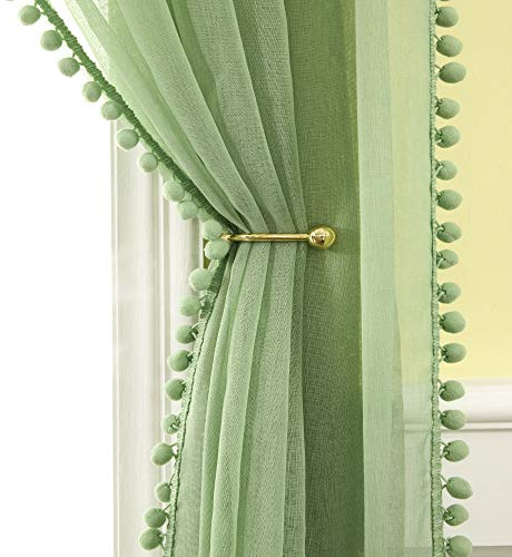 MIULEE Set of 2 Net Curtains with Tassels and Eyelets (2 x L 140 x H 225 cm), Beautiful Decorative Curtains for Baby Bedrooms, Living Room Windows, Children's Curtain with Plush Ball