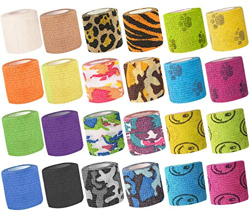 24Pack Self Adhesive Tape Vet Wrap Flex Bandages Leg Wrap Adherent Non-Woven for Dog Cat Horse Pet Animals Ankle Sprains & Swelling 2 Inch 5 Yards (Assorted Patterns)