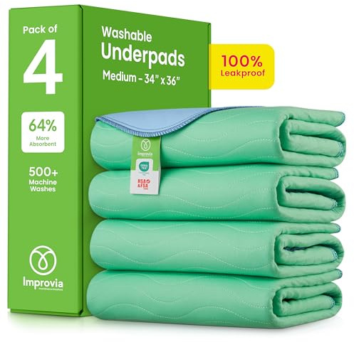IMPROVIA® Almohadillas lavables de 34 x 36 pulgadas (paquete de 4) – Almohadillas reutilizables de gran absorción para incontinencia para niños, adultos, ancianos y mascotas – Almohadilla protectora