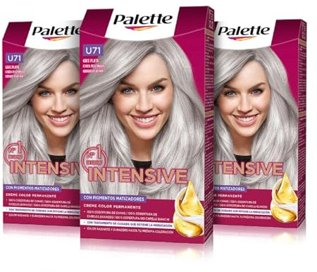 Palette Intensive Creme Color U71 Gris Plata, tinte de pelo permanente con aceite de macadamia y almendras, cubre el 100% de las canas y raíces, para un color radiante, Pack 3