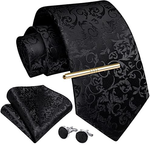 Enlision Herren Krawatte und Taschentuch Herrenkrawatten Krawattenklammer mit Manschettenknöpfe Krawatten Einstecktuch Set Schwarz