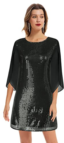 GRACE KARIN Femme Fête Robe à Sequin Élégantes à Manches Longues Coupe Ample Loisirs Été Mi-Longue S Paillettes Noires