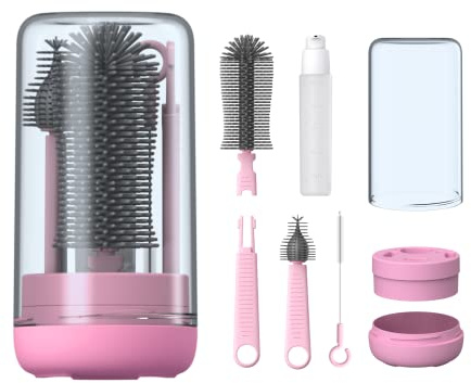 YOTIME Spazzola per biberon, kit di pulizia per biberon da viaggio con spazzola estensibile in silicone, spazzola per la pulizia dei capezzoli, spazzola per cannuccia, dispenser di sapone, tappo