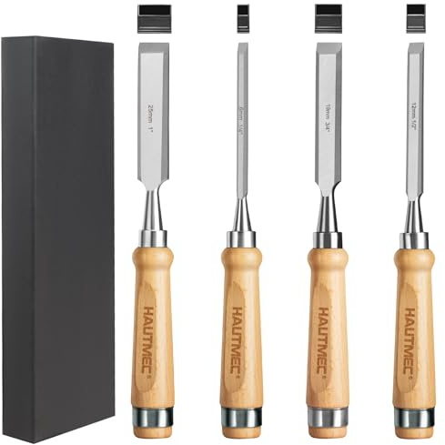 HAUTMEC Long Wood Chisel Set for Woodworking, 4-Piece Professional Wood Chisels with 60CR-V Steel Blades and Beech Handles for Carpenters, Framing & Mortise (1/4, 1/2, 3/4, 1)