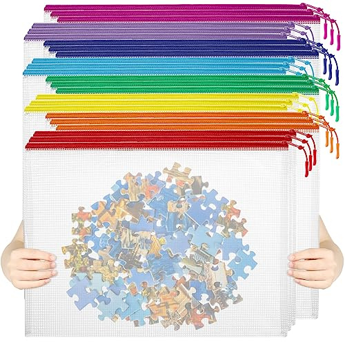 24pcs Mesh Zipper Pouch File Bags Puzzle Storage Bags, A3 17x12 Inches Large Reusable Zipper Pouches for Organizing Classroom Board Game Organization