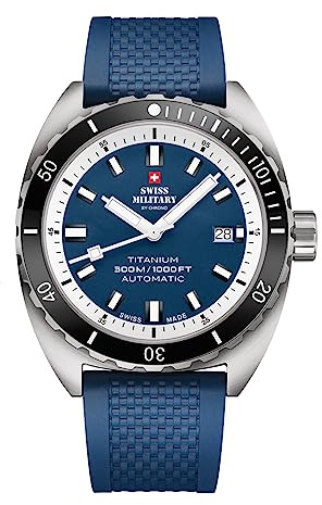 Swiss Military by Chrono Herren Uhr Armbanduhr Titan Automatik Uhrwerk mit Kautschukarmband Analoge Herrenuhr Blau SMA34100.09