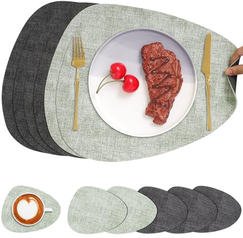 Chitomars Placemats and Coasters Set of 6 Dual Sided Faux Leather Table Mat | Heat Resistant Washable Place Mats Non Slip Waterproof PU Leather Placemat for Dining Table Indoor Outdoor(Grey Grass Green)