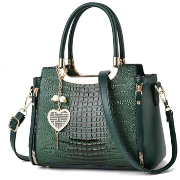 NICOLE & DORIS Mode Handtaschen Damen Schultertaschen Elegant Henkeltasche PU Leder Umhängetasche Crossbody Bag Krokodil Handtasche mit Anhänger Grün