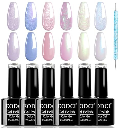 EODCI UV Nagellack Pearl, 6 Farben Rosa Weiß Rosa Lila Pearl Effect Gel Nagellack mit Stick den Kreis zeichnen, Glitzer Gellack UV Lampe Perlmutt Schimmer Gel Nail Polish für Frühling Sommer