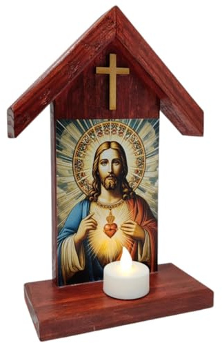 Santuario del Sagrado Corazón de Jesús en Madera con Vela LED | Figura Religiosa Católica Hecha a Mano | Regalo Espiritual Cristiano | Aketemola