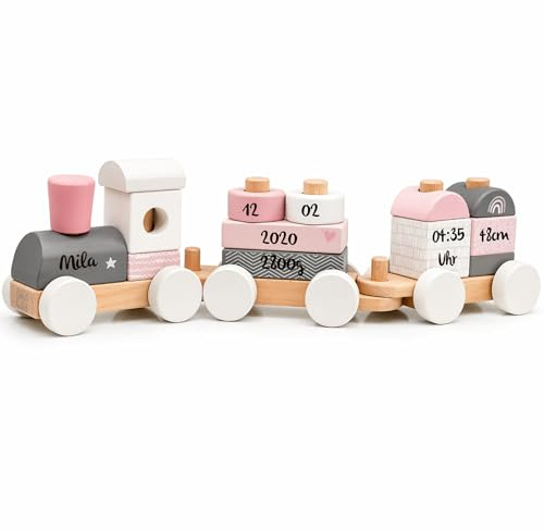 Personalizzabile treno in legno Rosa – faggio FSC, 14 pezzi – da 12 mesi – sviluppa la motricità fine – personalizzato con nome & date di nascita – Label Label