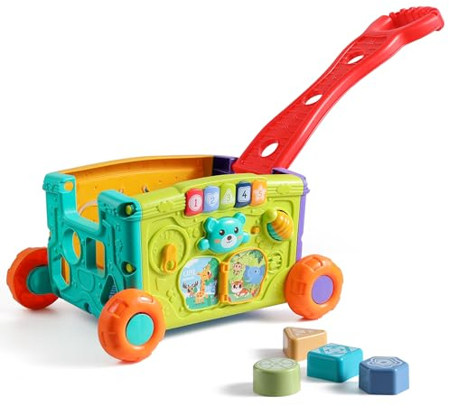 Didklom Baby Walker Musical Push Toy for Toddlers 18+ Months - Educational Activity Wagon with Building Blocks, Learning Walking Assistant with Adjustable Handle for Baby Boys & Girls