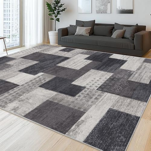 Calinline Charcoal Large Washable Modern Area Rugs Living Room, 200x300 cm | Low Pile Floor Mat, Machine Washable Non Slip Bedroom Rug, Lounge Short Pile Geometric Carpet for Kitchen Dining Room Office
