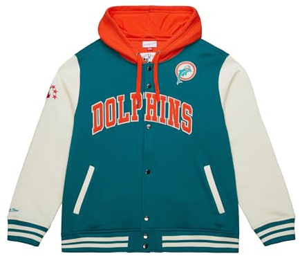 Mitchell & Ness Courtside Fleece NFL Vintage College Jacke mit Kapuze - Miami Dolphins, Größe L, Druckknopf Verschluss, Herren, Frauen, Kinder, Unisex, Frühling, Sommer, Herbst, Winter