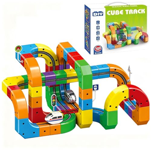 Clickrail Electric Train Set, Track Fusion Toy, Magic Rail Cube Train Set, with Gravity-Defying Motorized Train, 3D Embedded Layouts Train Track Set, DIY Cube Track, for Kids (123PCS)