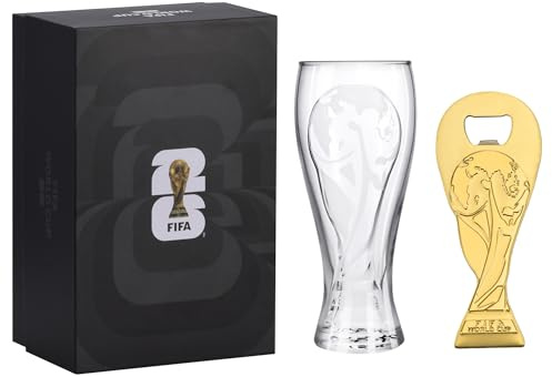 Official FIFA World Cup 2026 Edition - 17oz Pilsner Beer Glass & 6-Inch Trophy Bottle Opener Gift Set - 1 of Each - Perfect for Parties, Mancaves, Gamedays, Tailgates, BBQ’s - Collectors Drinkware Set