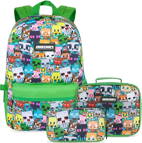 Get Trend Minecraft Ryggsäck för pojkar, 3 eller 5 st med ryggsäck, isolerad måltidsväska, skolväska, BPA-fri, sladd och nyckelhållare, Verde/Multi Minecraft, Skolväska set