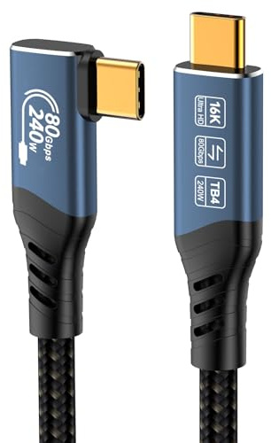 PremiumCord Cavo di Collegamento USB4™ Versione 2, Thunderbolt 4, 16K a 60 Hz, Cavo Dati Ultraspeed fino a 80 Gbps, E-Marker, USB Type-C Angolato, Ricarica Rapida fino a 240 W, Blu, Lunghezza 1,5m