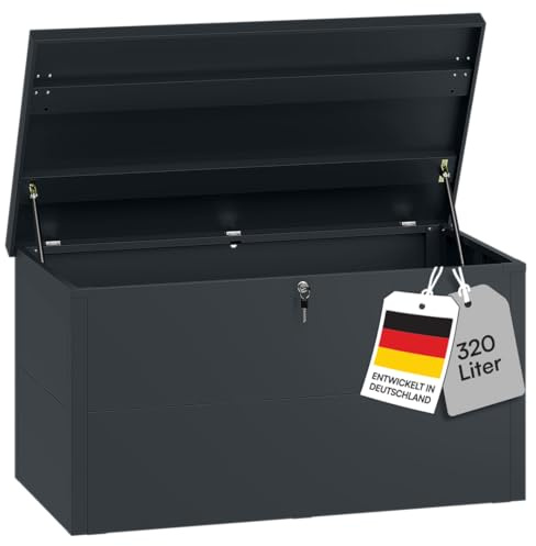 STEELSØN Icarus Gartenbox Metall 320 L – Auflagenbox mit Deckel abschließbar – Gartentruhe wasserdicht – Aufbewahrungsbox in Anthrazit – outdoor Kissenbox 105x65x63 cm – große Truhe für Gartenpolster