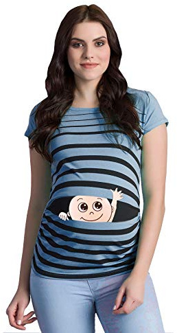 Vinkelvinkel baby – rolig rolig söt mammamode randig mammaskjorta med motiv för graviditeten graviditetströja kortärmad, Babyblått, L