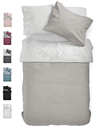 BLUE MOON Bettwäsche 135x200 cm Satin Bettwäsche-Sets 100% Baumwolle Wendebettwäsche - Made in EU - 1x Bettbezug 135x200 cm und 1x Kopfkissenbezug 80x80 cm (Offwhite/Stone, 135 x 200 + 80 x 80 cm)