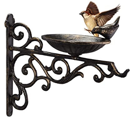 Relaxdays Vogeltränke Gusseisen, Wandmontage, wetterfest, Vintage Vogelbad Wildvögel, Gartendeko, HBT 24x28x14cm, bronze
