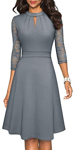 HOMEYEE Robe de Cocktail Plissée à Manches en Dentelle Creuse pour Femme A234 (L, Gris)