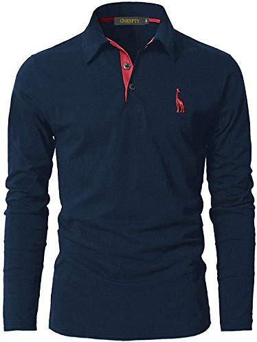 GNRSPTY Mens Polo Long Sleeve Shirt Cotton Golf Giraffe Tops (L, Navy+Red)