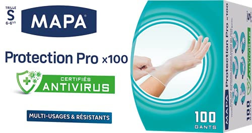 MAPA – Guantes Protection Pro x 100 – Guantes finos de vinilo sin polvo y sin látex – Reciclables con TerraCycle – Certificados Antivirus – 1 caja de 100 guantes – Talla S