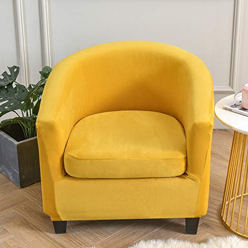 Highdi Sesselschoner 2 Teilige Samt Plüsch Sesselbezug, Stretch Tub Chair Sesselhussen mit Armlehne, Club Sesselüberwurf für Clubsessel Loungesessel Cocktailsessel (Gelb)