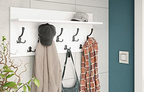 Design Garderobe Garderobenpaneel 90 x 40 cm Weiß matt - Schwarz matt mit Hutablage Kleiderhaken Finlo