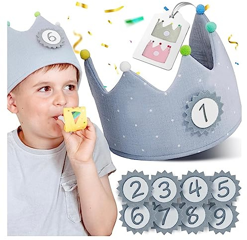 NeLi Corona de cumpleaños infantil de muselina con números del 1 al 9 para niños y niñas, corona de tela en tres colores (gris azul)