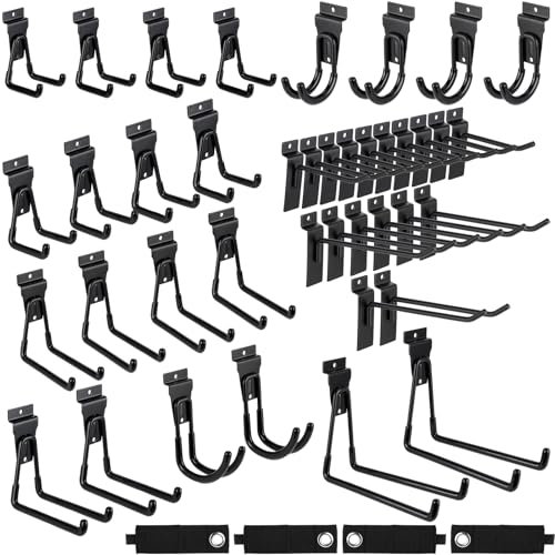 Landhoow 36 ganci e ganci per parete a doghe, 32 ganci resistenti da appendere alla parete con 4 cinghie di stoccaggio, accessori assortiti per garage, organizzazione da parete, giardino, casa, nero