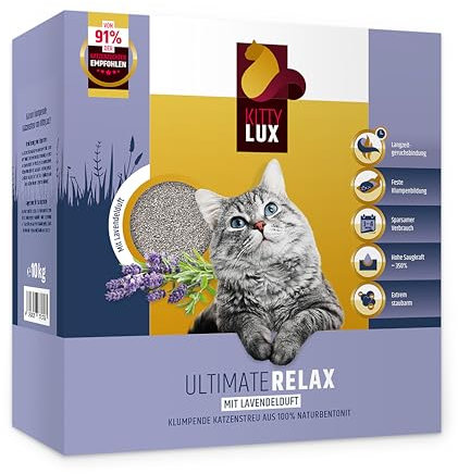 KITTYLUX KittyLux klumpende Katzenstreu Ultimate Relax 10kg mit Lavendelduft für Sensible Katzen, Klumpstreu 100% Naturbentonit, Feste Klumpenbildung, schnelle Geruchsbildung, geringer Verbrauch