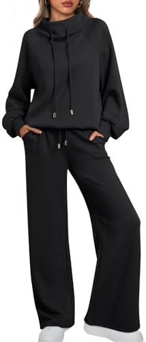 AUTOMET Lounge Sets for Women Sweatsuits 2 Piece Outfits 2024 Fall Drawstring Sweatshirt Wide Leg Sweatpants Tracksuit, Black, Medium